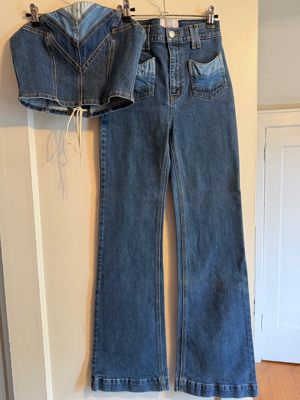 REVICE Set - Dark Blue High-Rise Flare Jeans (25) with Corset Top (M)